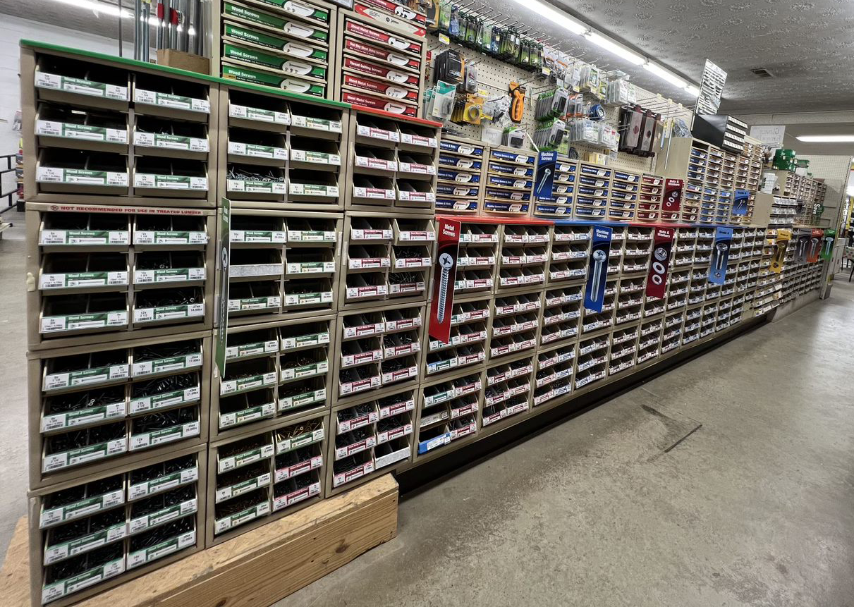 Ideal Supplies has an aisle full of hardware, screws, nails, and bolts. Also, Wood, metal, anchor, cabinet, drywall, and lumber for variety purposes.